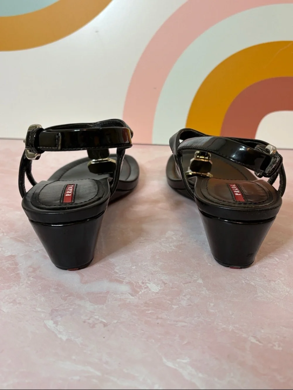 Prada Black Crystal-Embellished T-Strap Wedge Patent Leather Sandals | 37/US7 - Picture 4 of 8